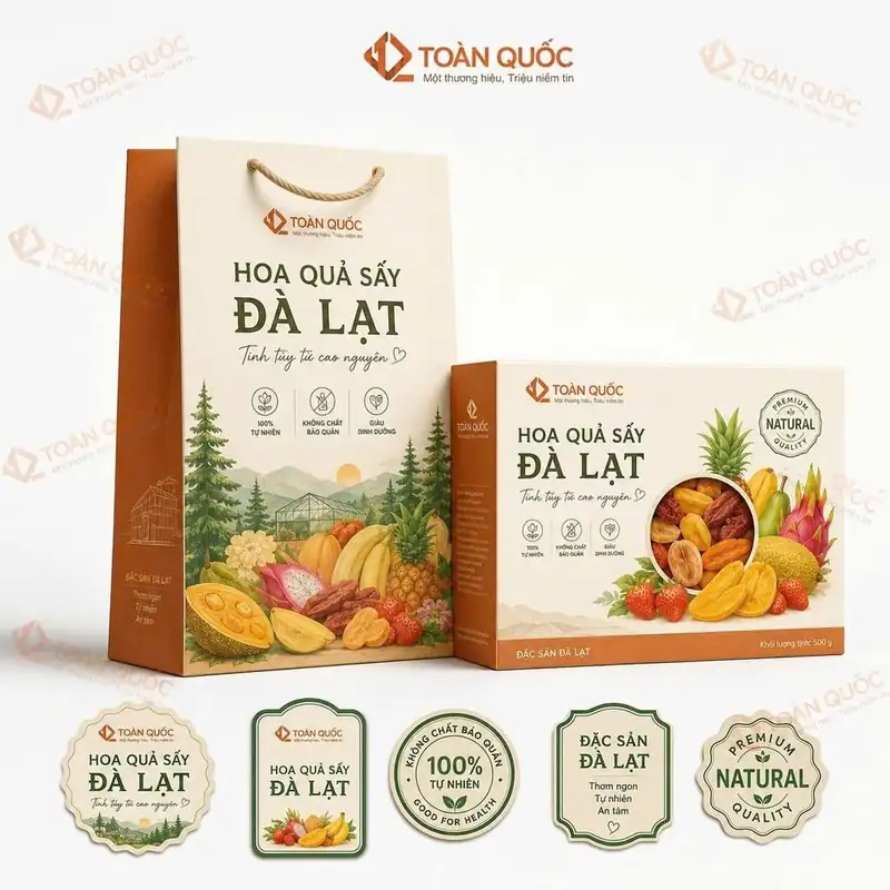 Bộ bao bì hoa quả sấy Đà Lạt tông cam với tem nhãn theo vị